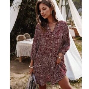 Luna Tuccini Shirt Dress Women Large Burgundy Polka Dot Tiered Button Front